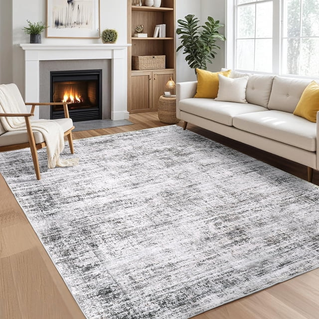 Washable 5x7 Area Rug, Soft Vintage Distressed Large Living Room Rug Retro Farmhouse Non Slip Indoor Foldable Thin Carpet for Bedroom Dining Room Office, Grey