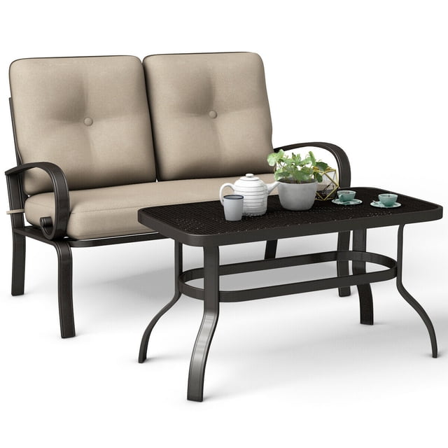 Costway Ensemble de 2 Pcs pour Patio Extérieur, Causeuse et Table Basse, Banc de Mobilier avec Coussin