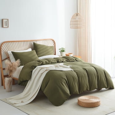 2 Pieces Washed Cotton Ultra Soft Olive Green Duvet Cover All-Season Breathable and Organic Feel for Bedroom Decor,Twin Size