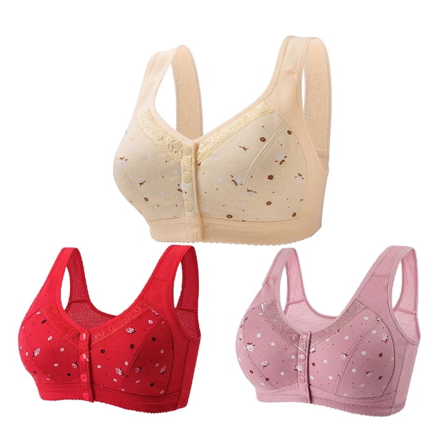 Lenpel Women's Plus Size Front Closure Bras 3 Pc No Underwire Printed Full Coverage Bralettes Comfortable Everyday Bras(Red,Small)