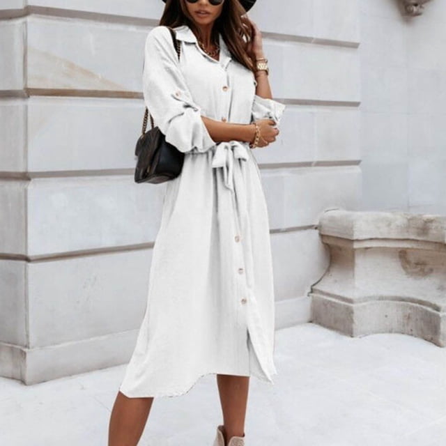 YUTK Robes pour Femmes 2024 Fête, Robe à Manches Longues pour Femmes à Revers avec Boutons et Ceinture à la Taille Blanche 3TG