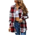 thumbnail image 1 of PEZHADA Womens Casual Plaid Shacket Jacket Button-down Long Sleeve Shirt Jacket Coat Red, 1 of 6