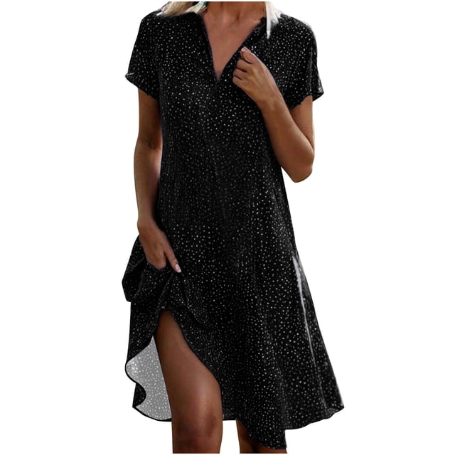 LOVZFMLL Robe à Pois pour Femme, Nouvelle Collection Printemps/été, Col à Manches Courtes, Robe Longueur Genou, Noir G