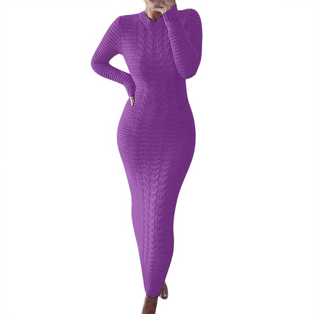 WTXUE Robe à Manches Longues, Robe Chandail d'Automne et d'Hiver à Manches Longues en Laine, Robe Grande Taille, Robe en Lin, Robe Violette, Violet 3TG