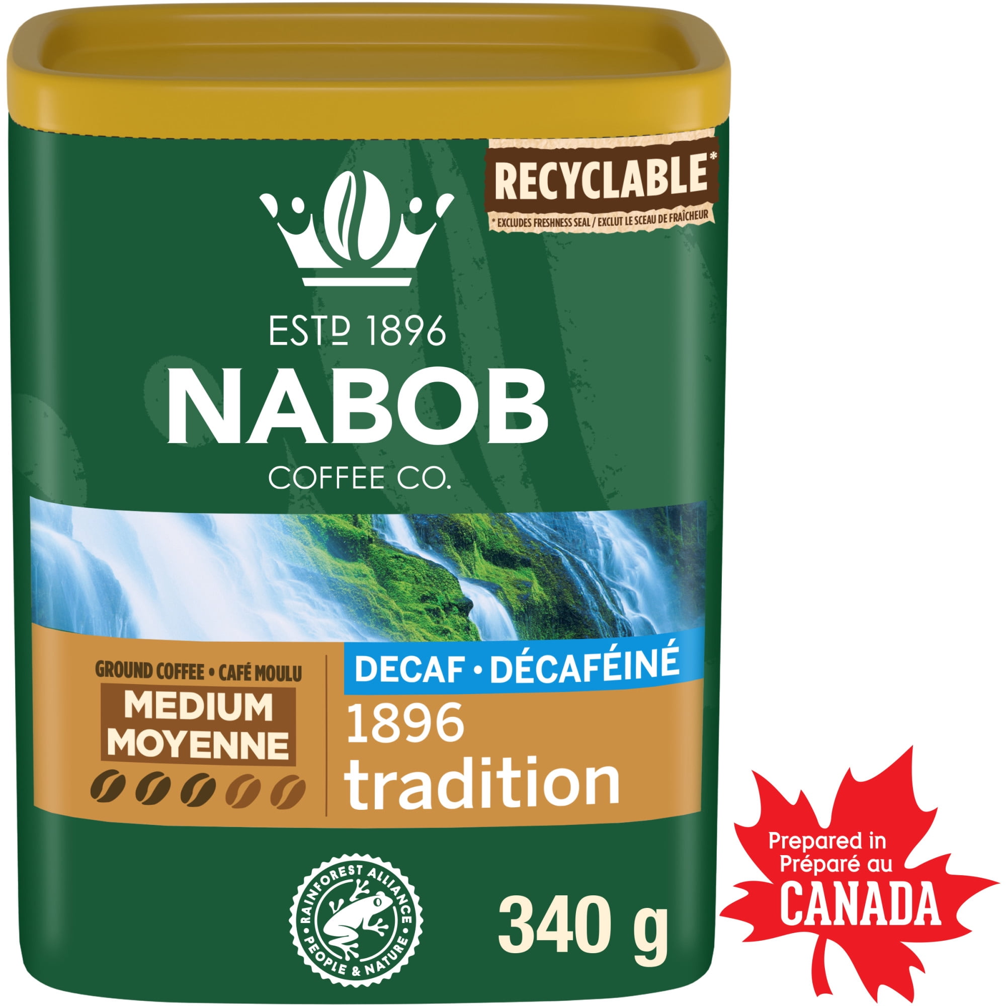 Café moulu décaféiné Nabob Medium Roast Swiss Water 1896 Tradition, 340 g en cannette