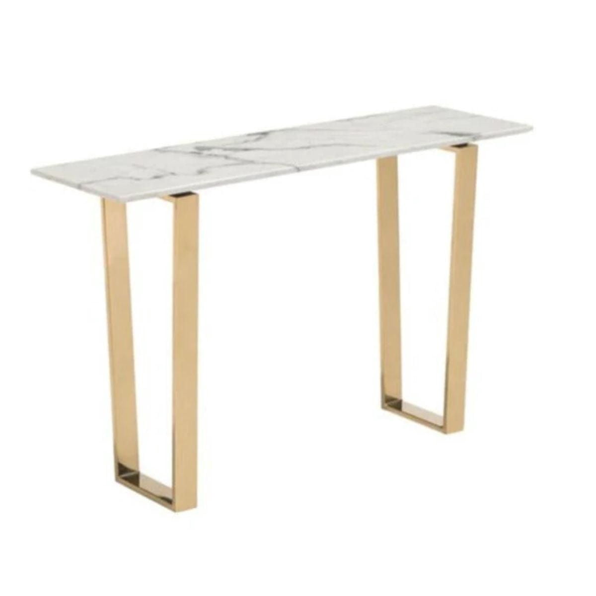 Console rectangulaire dorée avec plateau en faux marbre et base en acier inoxydable