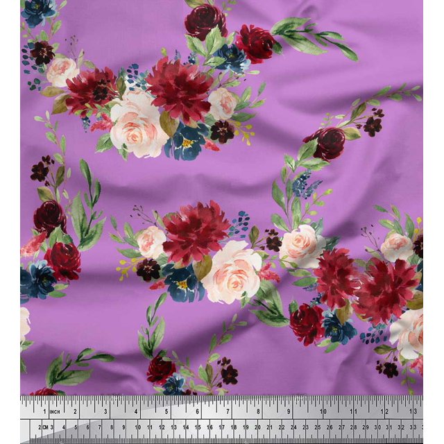 Soimoi Purple Cotton Cambric Fabric Ranunculus & Penoy Floral Print Decor Fabric Printed By the Yard 58 Inch Wide