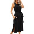 thumbnail image 1 of Robe d'Été pour Femme Sans Manches à Col Ras du Cou, Robe Basique Unie avec Taille à Nouer, Robe T-Shirt de Bureau avec Poches, 1 of 5