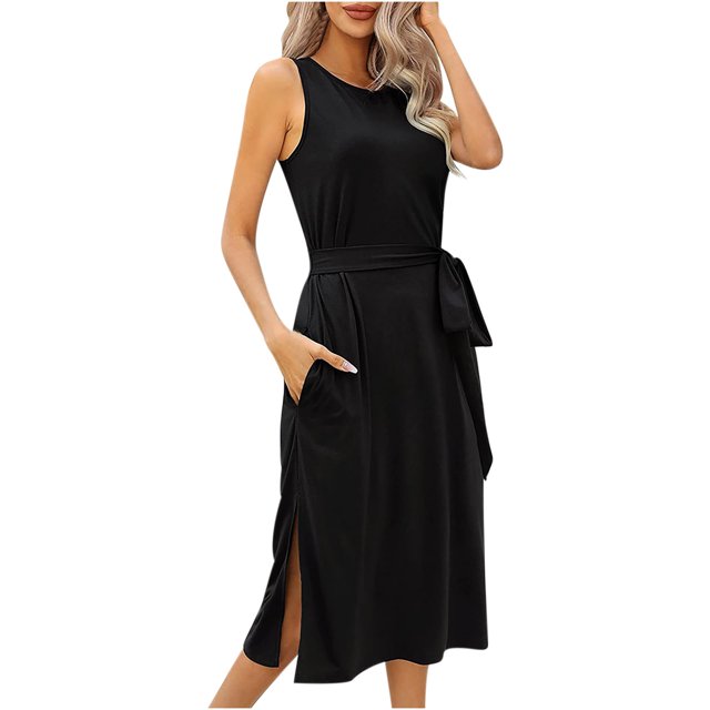 Robe d'Été pour Femme Sans Manches à Col Ras du Cou, Robe Basique Unie avec Taille à Nouer, Robe T-Shirt de Bureau avec Poches