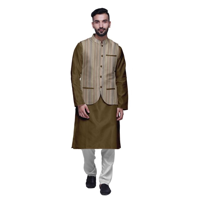 Atasi Mandarin Collar Traditional Solid Kurta Pajama With Printed Jacket Set