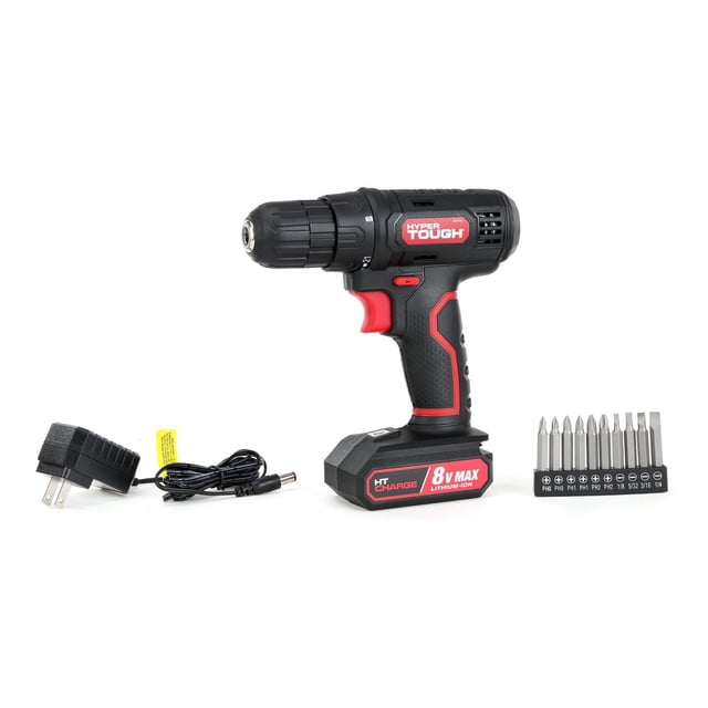 Hyper Tough 8V Max Cordless Drill, 3/8 inch Chuck, Non-Removable 1.5Ah Battery with Charger, Bit Holder & LED Light