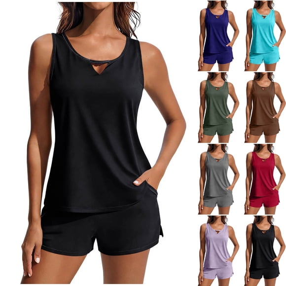 Lcziwo Women's Tummy Control Swimwear Two Piece Padded Tankini Set Built in Bra Blouson Boyshorts Modest Swimsuit Black,L