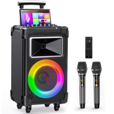 JYX Grande Machine de Karaoké avec 2 Microphones, Caisson de Basses de 10 Pouces, Haut-Parleur Bluetooth avec Roues et Barre de Chariot, Machine à Chanter avec Télécommande, AN20