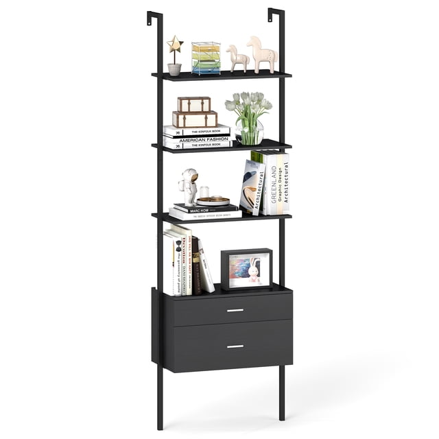 Gymax Ladder Bookshelf w/ Storage Wall Mount Bookcase w/ 4 Open Shelves Black