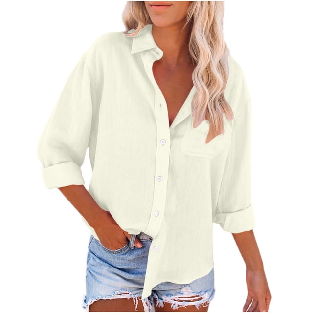 Timegard Chemises Boutonnées pour Femmes en Coton et Lin, Blouse à Col à Revers, Légère, Automne, Décontractée, Ample