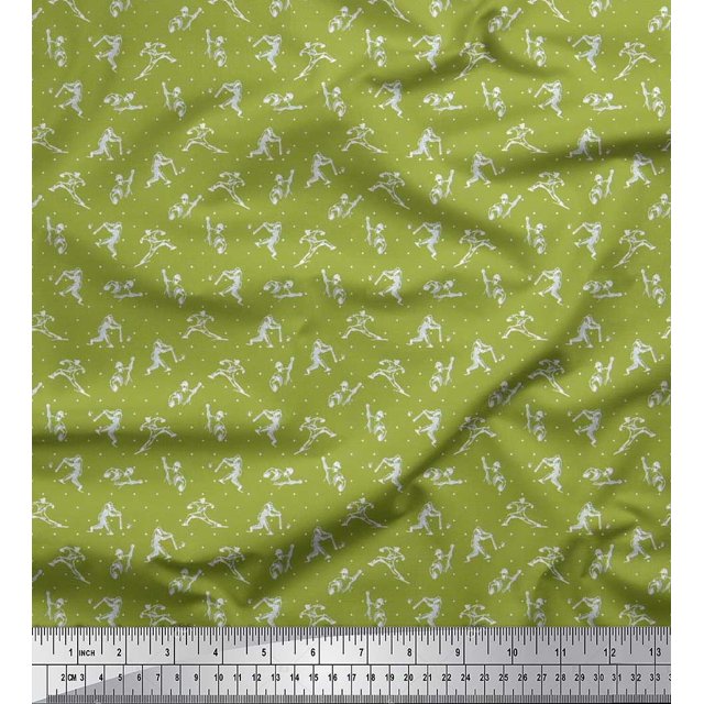 Soimoi Polyester Crepe Fabric Dot,Cricket Player & Bat Sports Print Fabric by Yard 52 Inch Wide