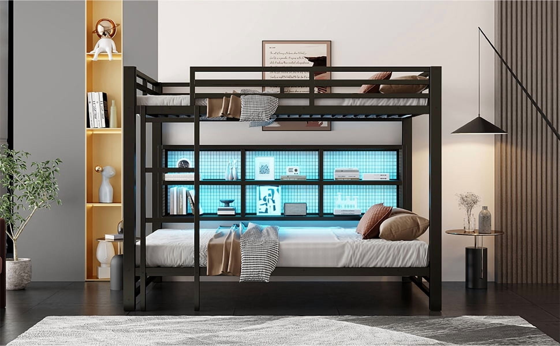 Noble House Metal Queen over Queen Bunk Bed with Storage Cabinets and LED, Black