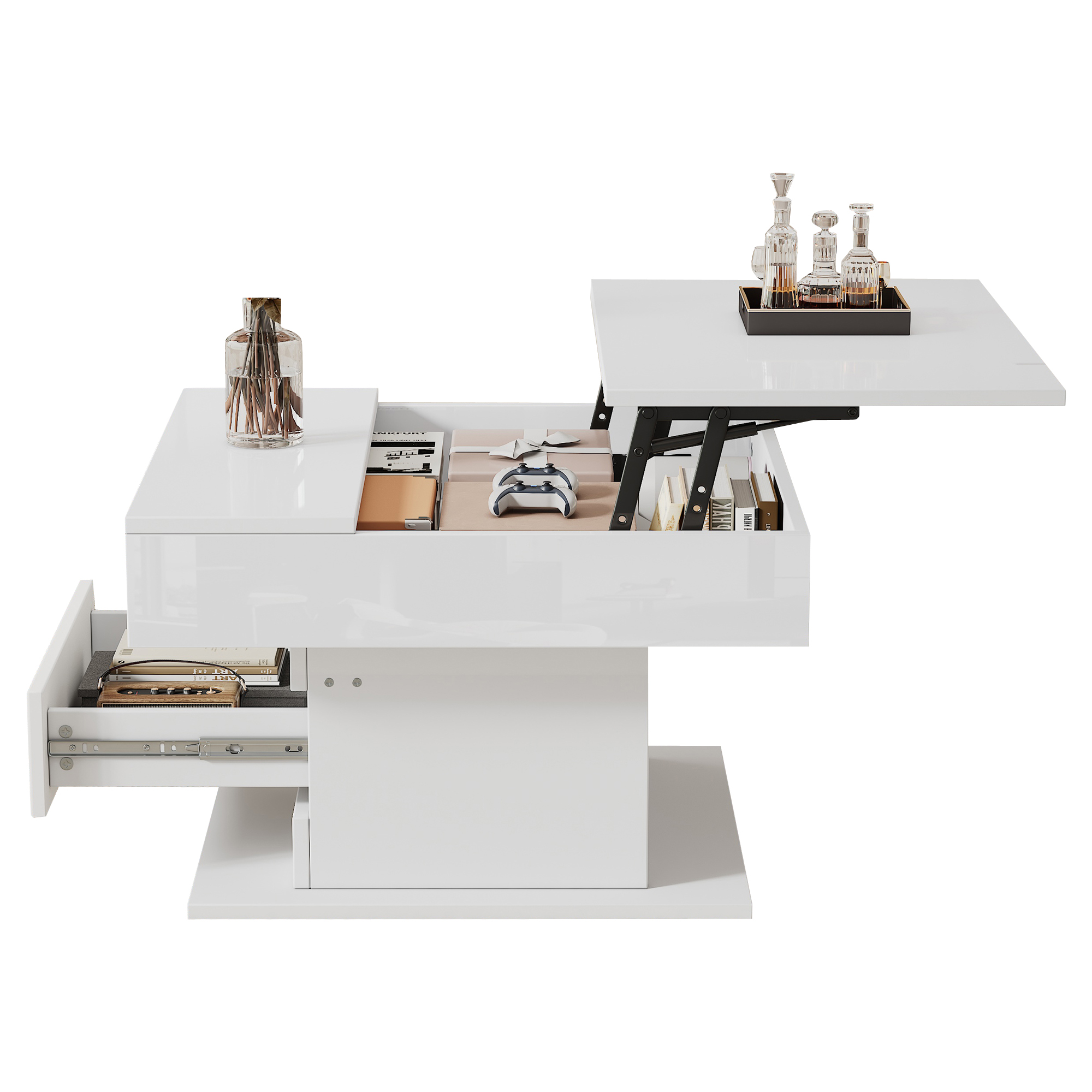 Homy Casa 27.5-Inch Square Lift-Top Coffee Table, 360° Rotating High-Gloss Top, Hidden Storage and Drawer, White and Natural Wood