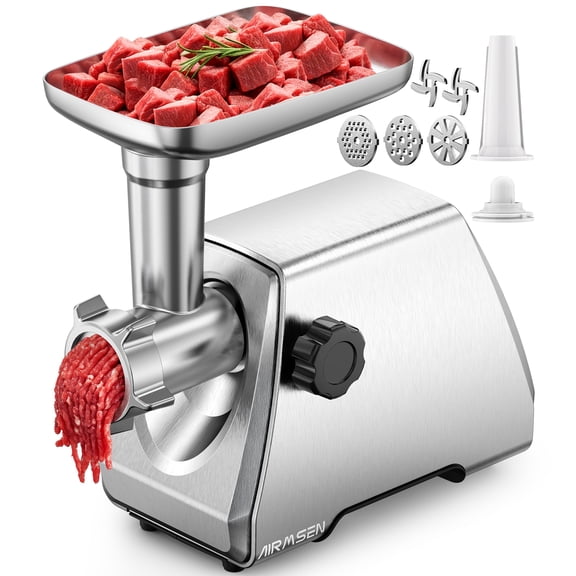 AIRMSEN Hachoir à Viande Électrique 3 en 1, Hachoir à Viande en Acier Inoxydable avec 2 Lames et 3 Plaques, Ensemble pour Faire des Saucisses et des Kubbe, Verrou Fixe, Hachoir Alimentaire pour la Cuisine à la Maison