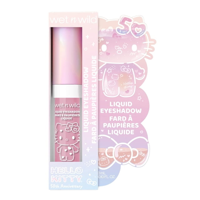 Hello Kitty Liquid Eyeshadow by wet n wild in pink with 50th Anniversary Hello Kitty design on bottle and packaging, featuring a smooth, highly pigmented liquid formula for vibrant eye color in a 3 mL (0.10 fl oz) size, suitable for adding shimmer or matte finish to eyelids.