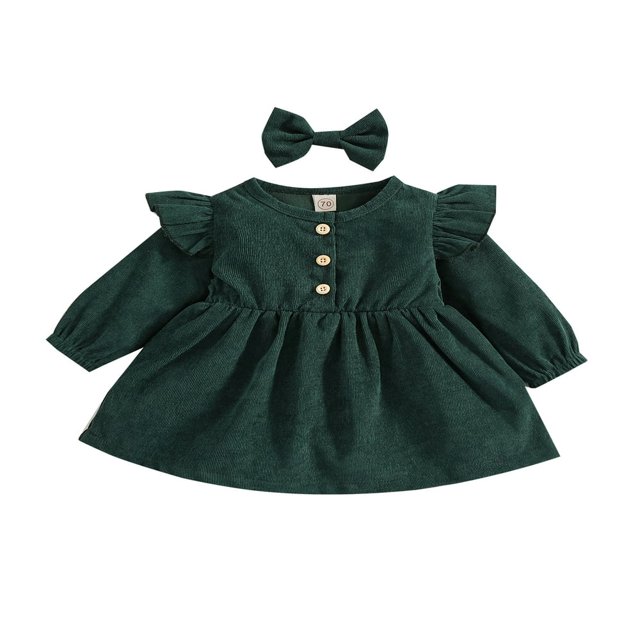 MesaSe Automne Bébé Filles Princesse Robe 2pcs Volant à Manches Longues Bouton Velours Côtelé une Ligne Robe Bandeau Vin Rouge 2-3 Ans