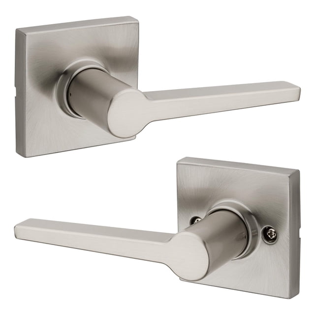 Weiser Safelock Daylon Interior Passage Door Lever in satin nickel finish with square rose plate and straight lever handle shown from two angles, featuring brushed metal texture, designed for interior doors without locking function and suitable for hallway or closet doors.