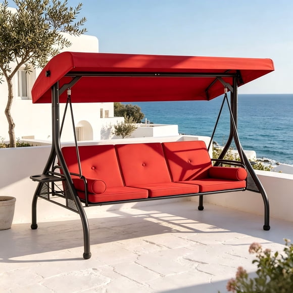 LazySunset Balançoire de Patio Extérieure 3 Places avec Auvent Ajustable, Balançoire à Glissière pour Porche avec Coussins Épaissis, Oreillers et Porte-Gobelets pour Adultes, Rouge