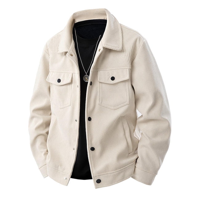 aohooy Men Button Up Fall Shacket - Corduroy Long Sleeve Collared Jacket with Flat Pockets Beige,XL