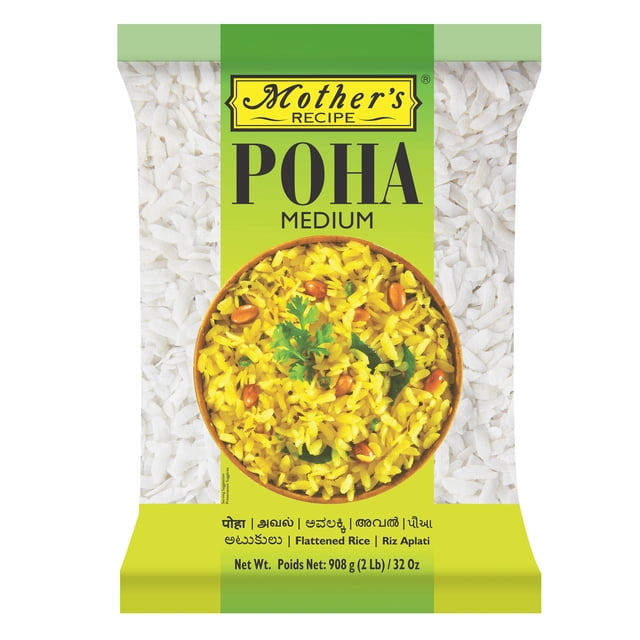 Mother's Recipe Poha Medium 908g package showing medium flattened white rice flakes with a central bowl of cooked yellow poha garnished with peanuts and coriander, a gluten-free staple ideal for quick nutritious Indian meals and snacks.