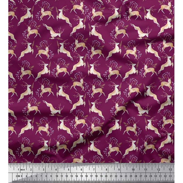 Soimoi polyester Crepe Fabric Leaves & Reindeer Animal Fabric Prints By Yard 52 Inch Wide
