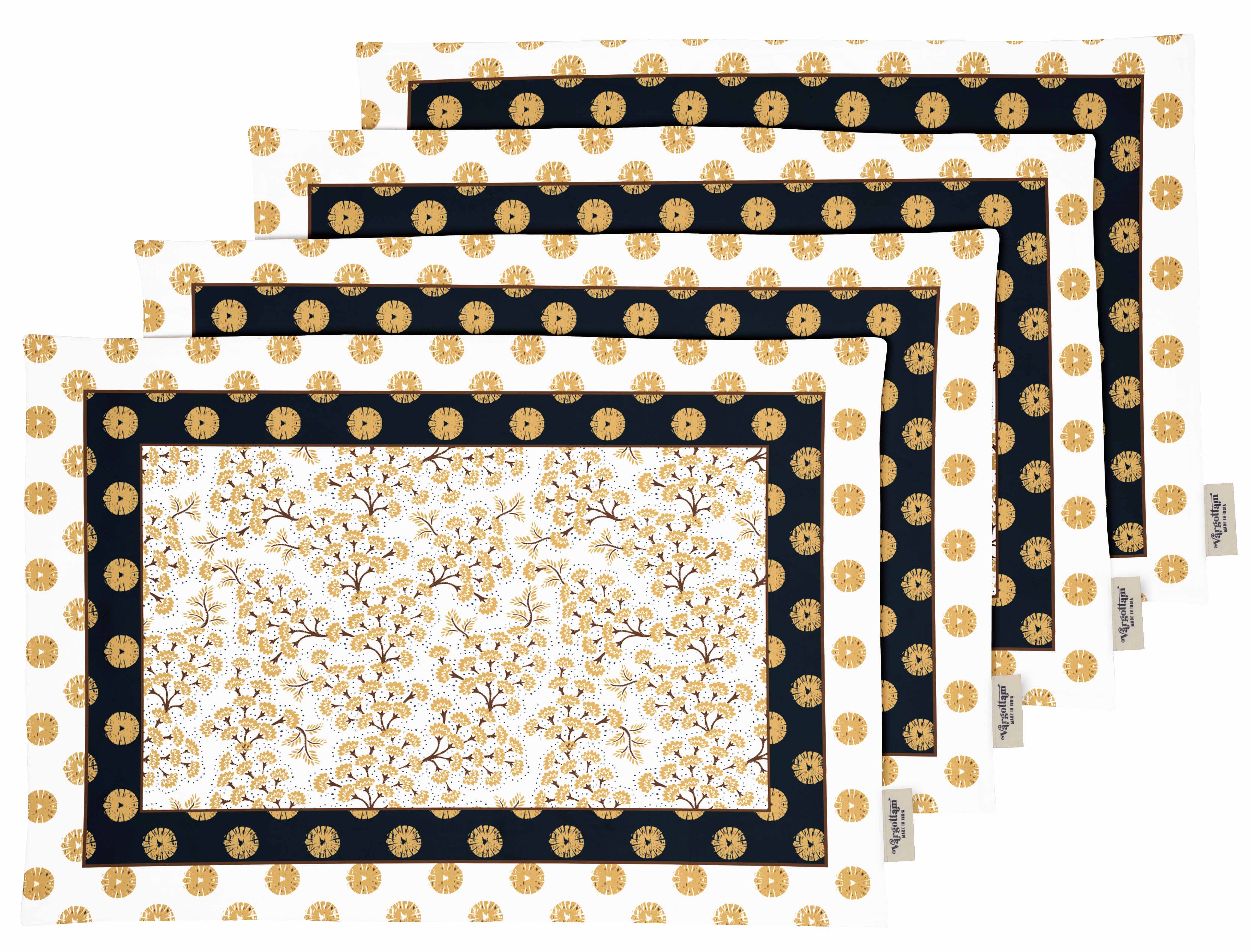 Vargottam Placemats- Placemat For Dining Table, Set Of 4- Printed & Reversible CottonNapkin-IndoorPlacematsFor Home & Kitchen Dining Table- Asian Block (Yellow & Blue)