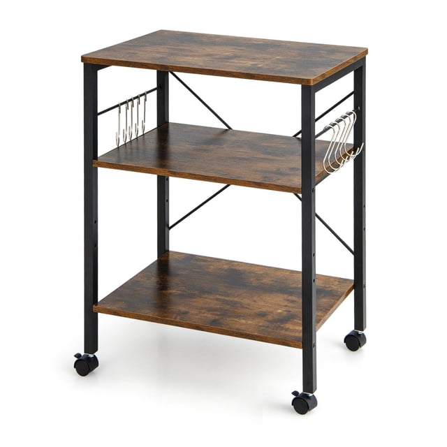 3-Layer Microwave Stand Bakers Rack, Kitchen Rolling Cart with 4 Universal Wheels and 10 Removable Hooks in rustic brown finish. Features a sturdy metal frame with three-tier shelves for ample storage, adjustable shelf positions, and X-shaped bars for stability. Includes 10 S-shaped hooks for hanging kitchenware, lockable casters for mobility, and a waterproof surface for easy cleaning. Industrial design suitable for kitchens, living rooms, or entryways.