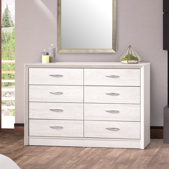 CorLiving Newport Mid-Century Modern Adult 8-Drawer Wide Double Dresser, White Washed