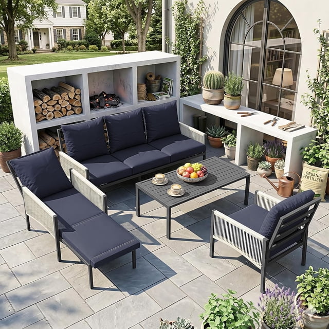 AECOJOY Ensemble de Mobilier de Patio Sectionnel d'Extérieur en Aluminium à 5 Places, avec Sofa Simple Rétractable et Table Basse Centrale, pour Véranda, Terrasse (Bleu Foncé)