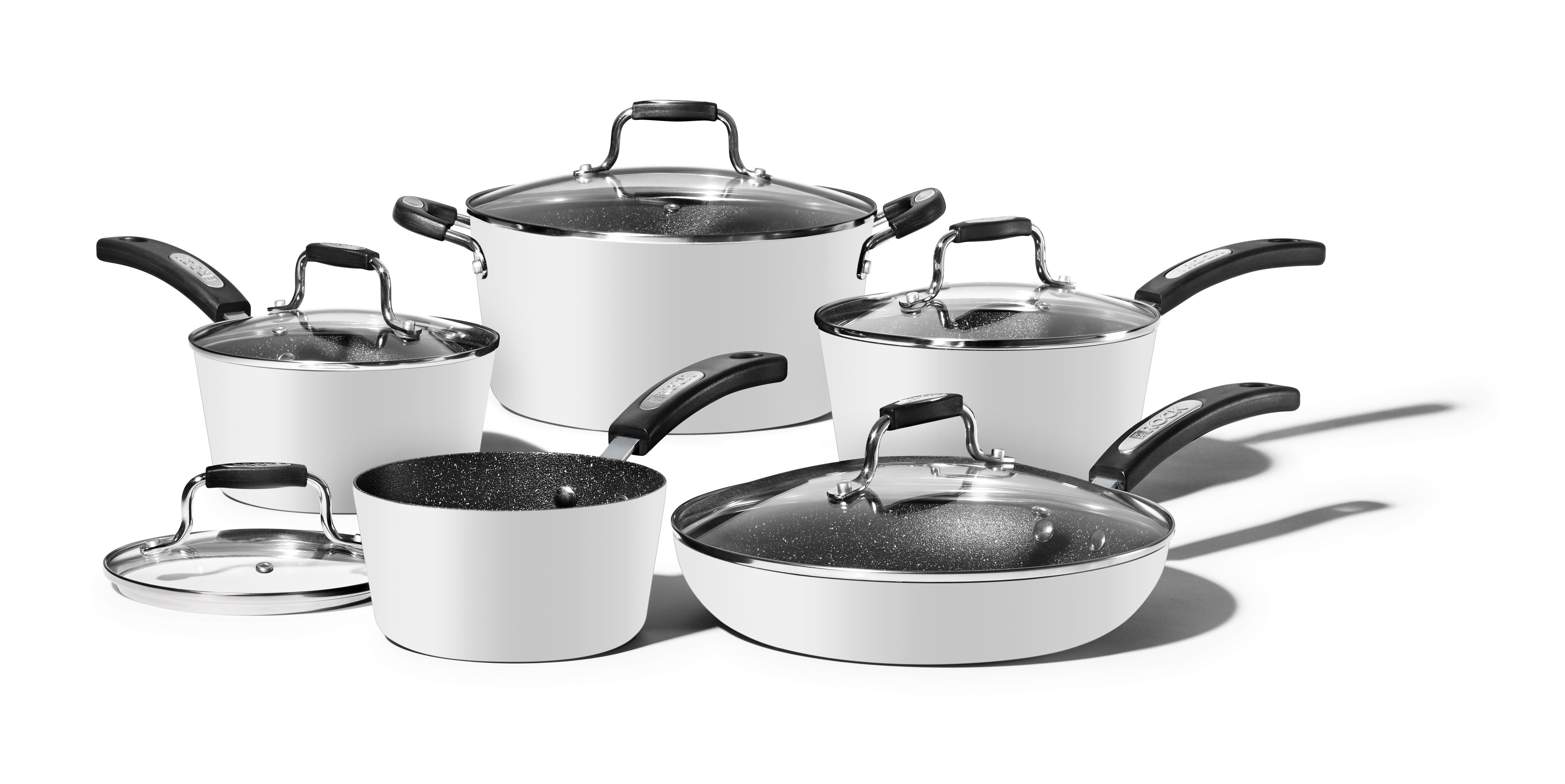 Starfrit The Rock Classic 10-Piece Cookware Set, Non-Stick, Oven Safe, Dishwasher Safe, Thick Forged Aluminum, Durable, Easy Clean, White