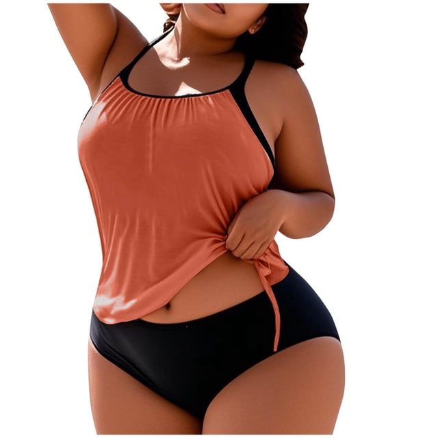 FAVIPT 2 Piece Tankini Womens Swimsuit Tummy Control Ruched Drawstring Swimwear Tropical Beach Comfy Bathing Suit Orange,L