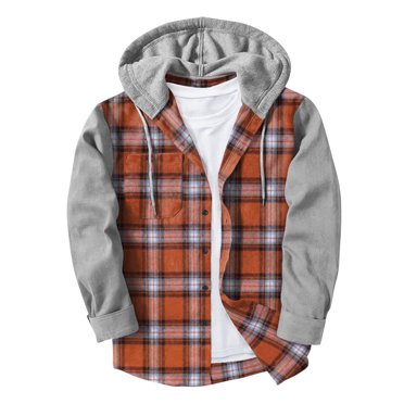 Pisexur Mens Oversized Hoodie Casual Patchwork Hooded Flannel Shirt for Men Plaid Shirts Long Sleeve Flannel Jacket Button-Down Shirt Jacket with Hood
