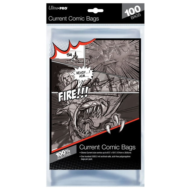Ultra PRO Current Size Comic Bags (100ct) pack containing 100 clear, acid-free, archival-safe polypropylene sleeves measuring 6-7/8 by 10-1/2 inches, designed to protect current size comics and suitable for trading and gaming card storage, with comic-style dragon and archer artwork on the packaging.