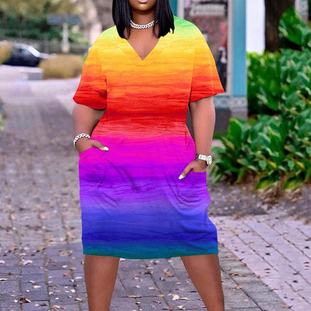 Robes Grande Taille pour Femmes Robe Grande Taille pour Femmes Col en V Été Décontractée Robes d'Été Poche Genou Manches Courtes avec Poches en Liquidation