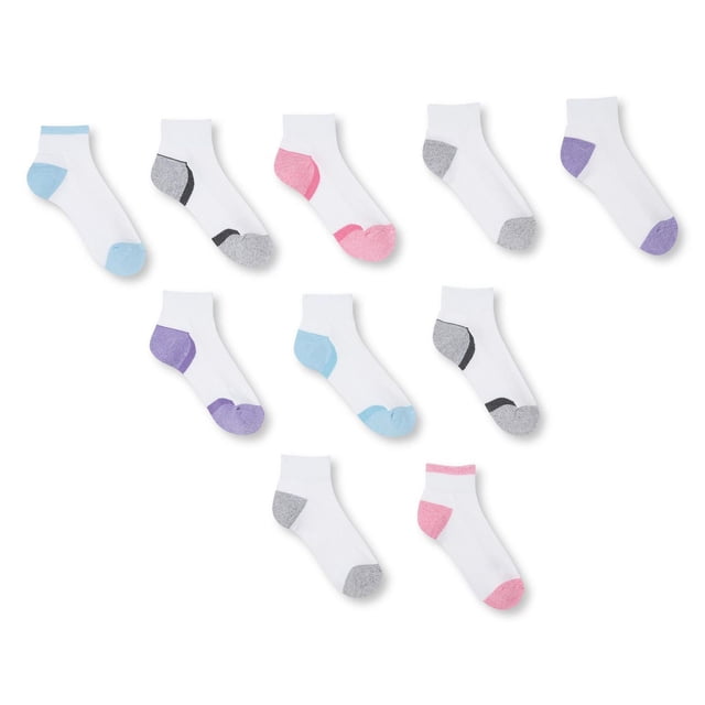 Athletic Works Women's Anklets 10-Pack of white ankle-length socks with breathable mesh and half-cushion design, reinforced heel and toe in assorted contrasting colors including blue, gray, pink, black, and purple, arranged on a white background, ideal for daily foot comfort and care.
