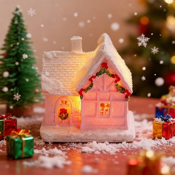 Figurines de Village de Noël Décoration, Maisons de Village de Noël à DEL Éclairées pour Scène de Ville de Noël Bureau à Piles Décor Paysager, 1 Pcs, 1.97x1.8x2.9"