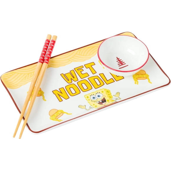 Silver Buffalo Spongebob Squarepants Wet Noodle Krabby Patty Ceramic Sushi Set with Dipping Sauce Dish and Matching Chopsticks