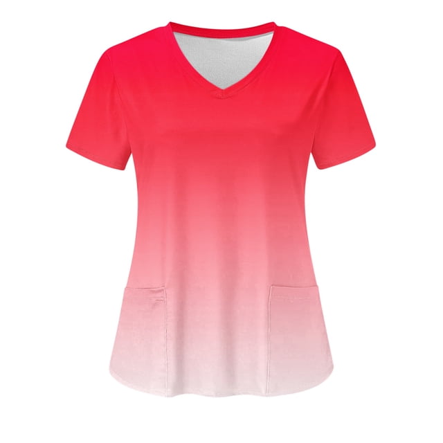 EQWLJWE Women's Plus Size V-Neck Short Sleeve Printed Scrub Top with Pocket