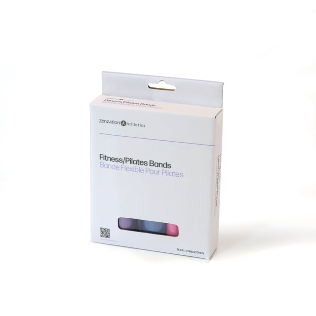ZenAthletics Flex Band resistance loops kit in a white box with a window showing multicolour fitness and Pilates bands, designed for strength training, stretching, rehabilitation, and full body workouts targeting legs, glutes, arms, and shoulders.