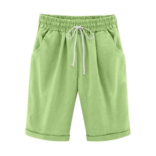 Pisexur Womens Shorts Solid Color Linen Shorts Adjustable Drawstring Elastic Waist Short Pants Summer Casual Knee Length Shorts Fashion Loose Oversized Bermuda Shorts with Pockets,S-5XL
