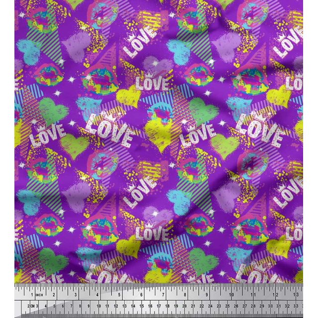 Soimoi Purple Rayon Fabric Text,Lips & Heart Print Fabric by the Yard 42 Inch Wide