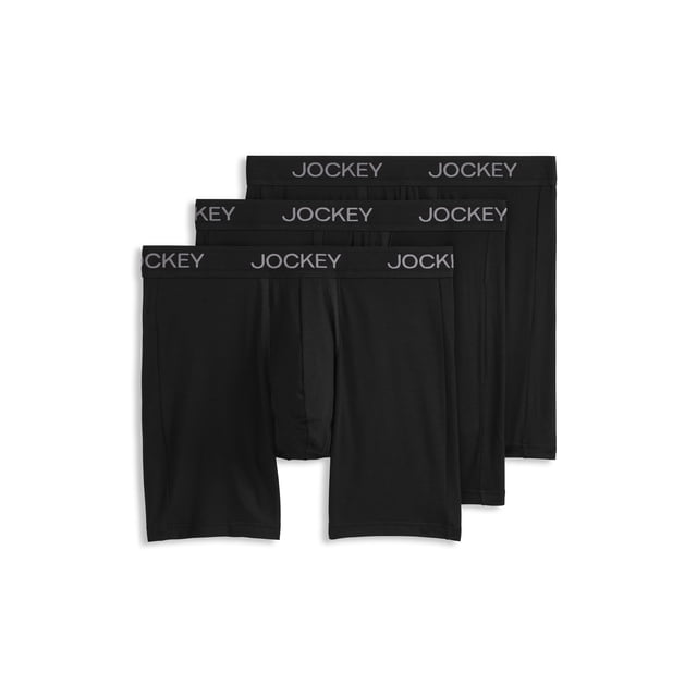 Jockey Men's Chafe Proof Pouch Ultra Soft Modal 6" Boxer Brief - 3 Pack in black, featuring a mid-rise design with full coverage. These boxer briefs include a chafe-proof pouch with quick-dry mesh for enhanced breathability and reduced friction. Made from ultra-soft modal fabric with Staycool+ moisture-wicking technology, they provide comfort and support for all-day wear. The no-fly design and mesh vents improve airflow, ensuring a cool and dry experience.