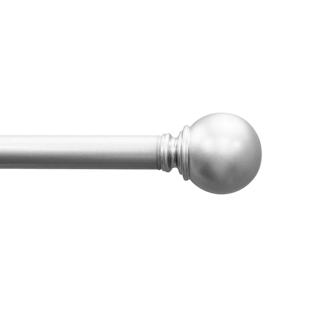 Mainstays 1” Nickel Ball Adjustable Curtain Rod, 30”-84” showing a close-up of the nickel-finished 1-inch diameter metal rod with a round ball finial, adjustable from 30 to 84 inches, ideal for lightweight curtains or sheers with included mounting hardware.