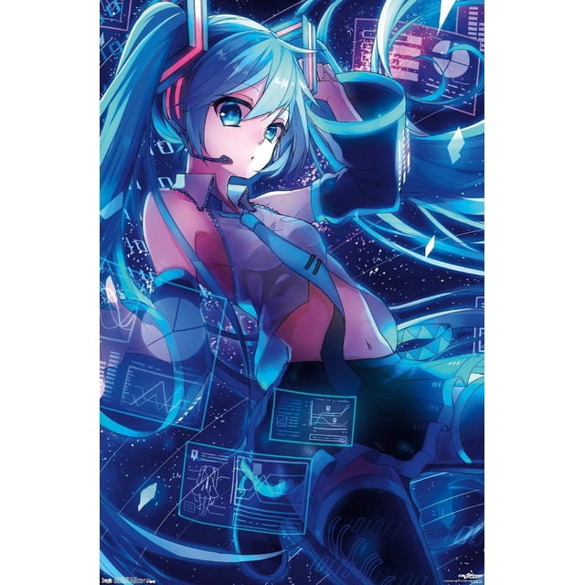 Hatsune Miku - Screens Wall Poster, 22.375" x 34" featuring a front-facing anime illustration of Hatsune Miku with long turquoise twin tails, wearing a sleeveless top, tie, and arm sleeves, surrounded by floating translucent blue digital screens displaying charts and data in a starry futuristic background, suitable for decorating bedrooms, offices, or dorm rooms.