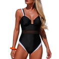 thumbnail image 1 of OHMZYZO Womens One Piece Swimsuit Mesh Panel Contrast Trim V Neck Ruched Tummy Control Bathing Suit For Beach Swimming Pool Vacation, 1 of 8